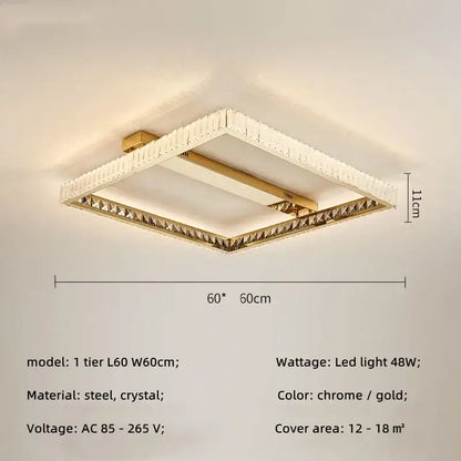 Modern rectangular gold crystal led ceiling lighting fixture with chrome and crystal accents for bedroom decorbites crystal led