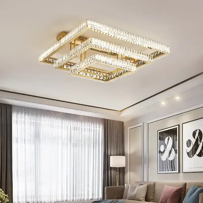 Modern rectangular gold crystal led ceiling lighting fixture with layered crystal accents for bedroom decorbites crystal led