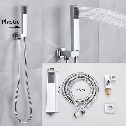 Modern rectangular chrome handshower head with integrated spray pattern and stainless steel hose by decorbites