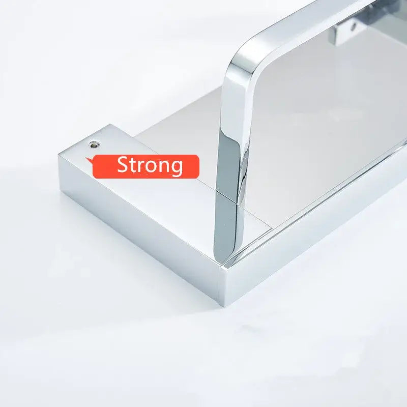 Modern rectangular chrome finished metal toilet paper holder with tray and sturdy base for bathroom use