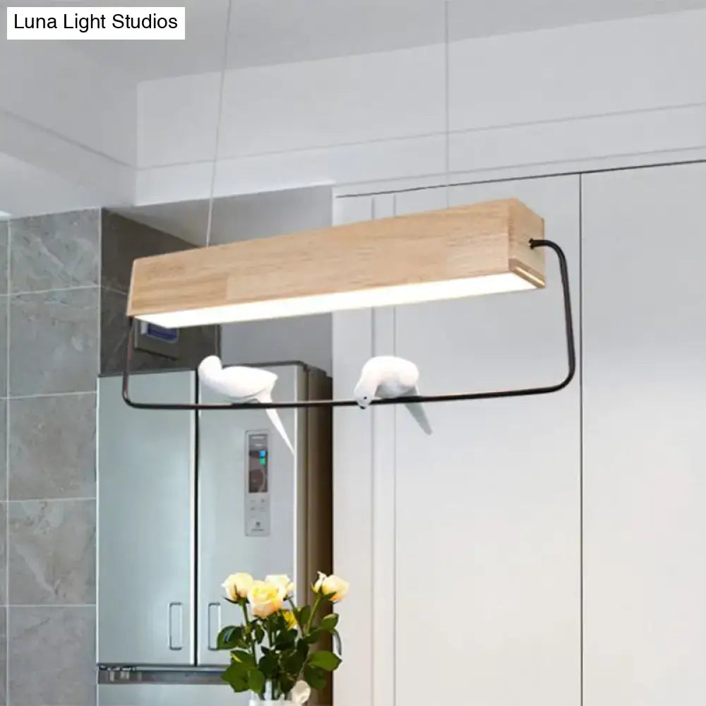 Decorbites modern rectangular pendant light with natural wood top black metal frame and white ceramic birds for dining room
