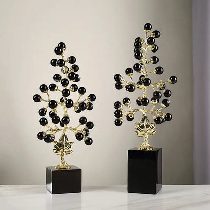 Elegant black and gold resin grape vine metal sculptures with glossy beads on black bases for decorbites grape vine decor