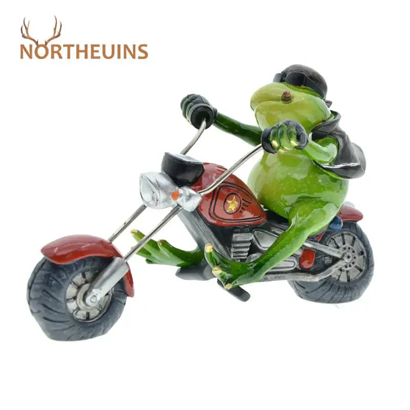Modern red and green decorbites cool frog resin motorcycle desk ornament featuring a cool frog in black leather riding a red bike