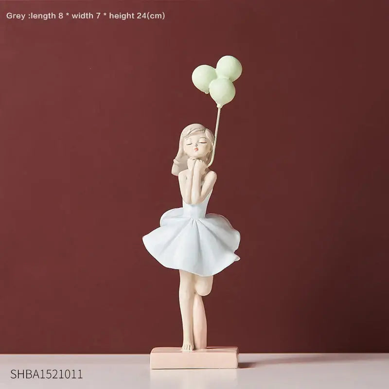 A delicate white ceramic balloon girls resin figurine holding three pale green balloons for living room decor