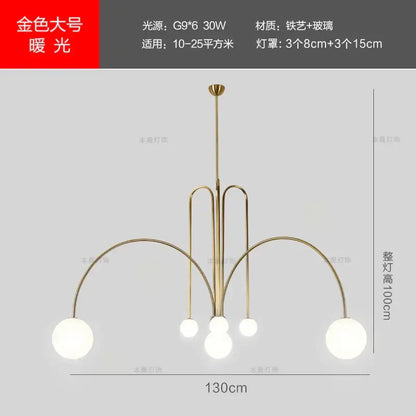 Gold-toned modern decorbites designer line chandelier with six glass globe shades for living room lighting