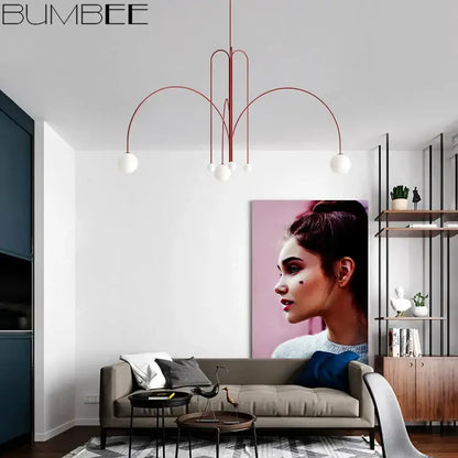 Modern red decorbites designer line chandelier with curved arms and white spherical bulbs for living room lighting