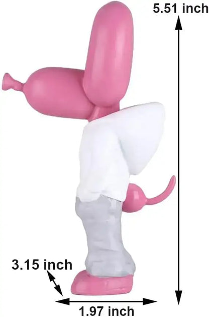 Modern pink balloon dog statue in resin wearing white shirt and gray pants for living room decor