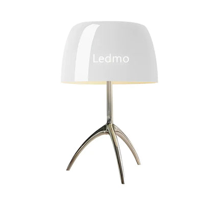 Modern table lamp with white glossy glass shade and silver metallic tripod base branded ledmo for bedroom use
