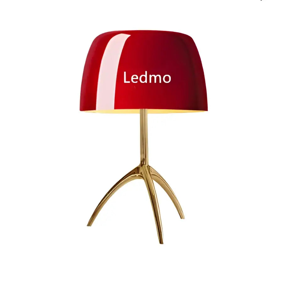 Modern red glossy glass shade table lamp with gold metallic tripod base by ledmo for bedroom lighting