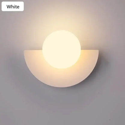 Modern red and orange decorbites glass ball led wall lamp with white semi-circular wall sconce for ambient bedroom light