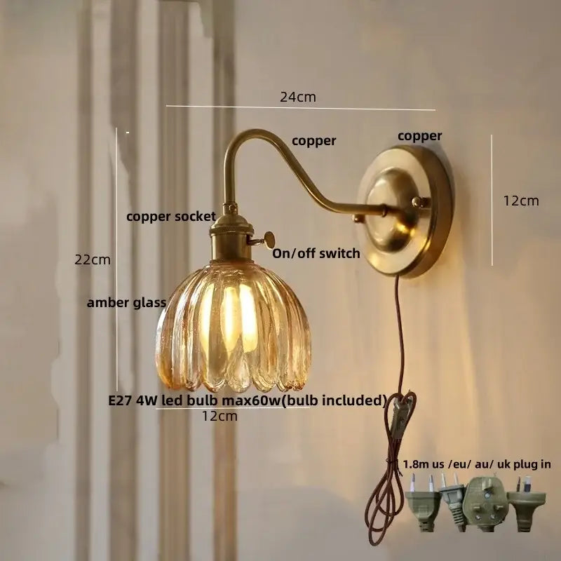 Antique brass copper wall sconce with ribbed amber glass shade and glass copper knob switch for modern bedroom use