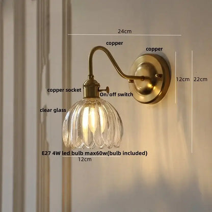 Modern ribbed amber glass wall sconce with antique brass finish and glass copper knob switch for bedroom lighting