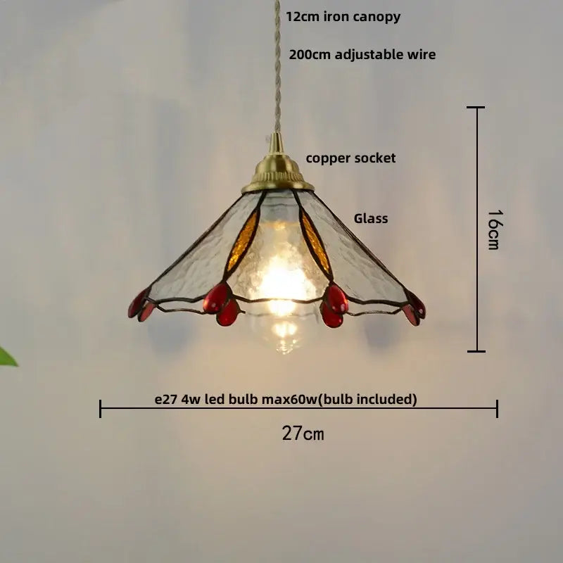 A delicate 12cm iron canopy pendant lamp with amber and red stained glass shade and adjustable wire for decorbites blue glass lighting