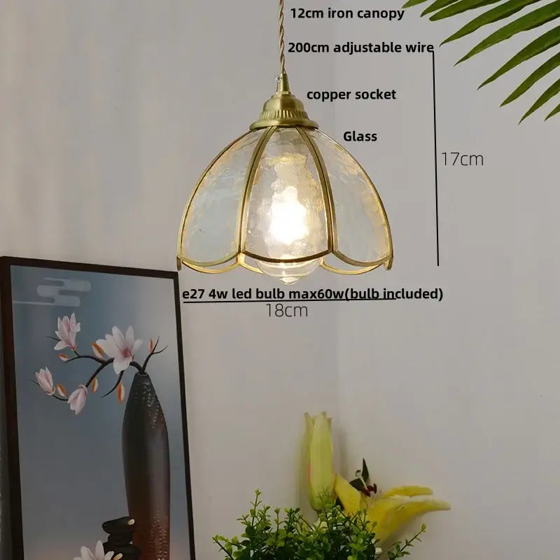 Modern ribbed blue glass led pendant lamp with a brass-toned flower-shaped textured glass shade and adjustable copper socket decorbites blue glass