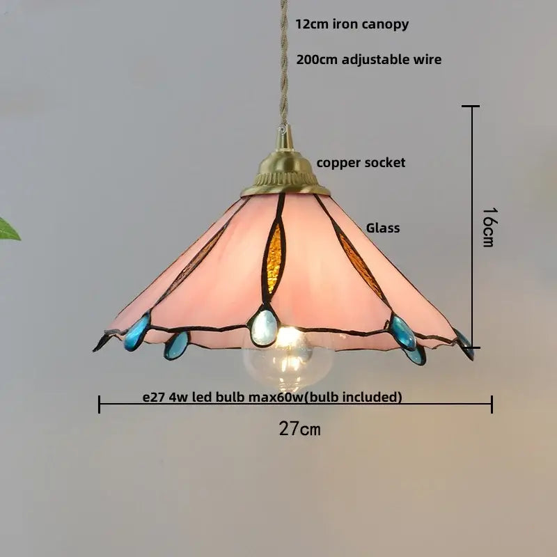 Modern ribbed blue glass led pendant lamp with pink stained glass and brass copper socket for dining room lighting