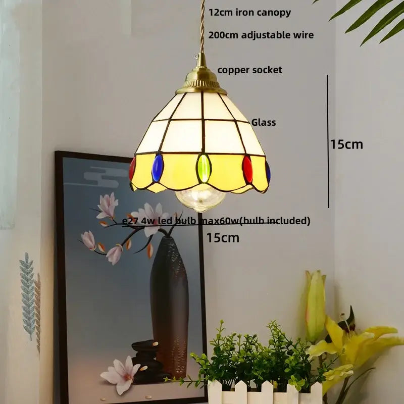 Stained glass pendant light with brass iron canopy and colorful panels for modern decorbites blue glass led kitchens