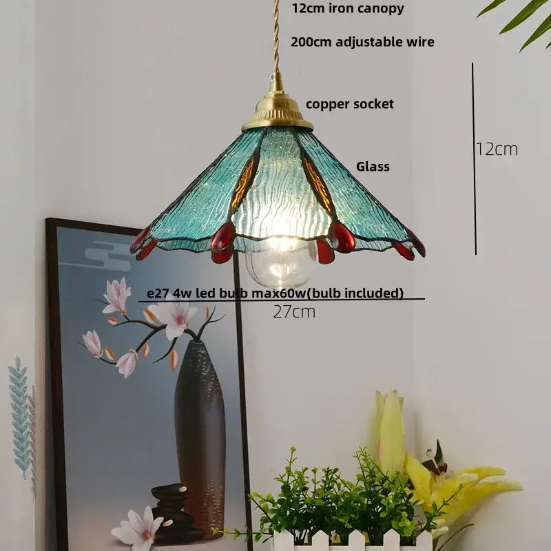 Modern ribbed teal and amber decorbites blue glass led pendant light with brass fixture for kitchen decor