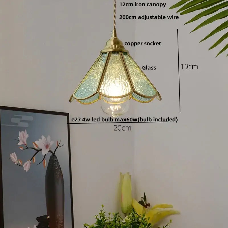Modern ribbed blue glass led pendant light with brass iron canopy and adjustable copper wire suspension for kitchens