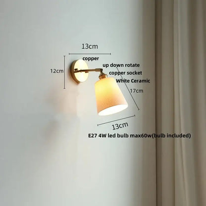 Copper wall sconce with white ribbed ceramic led wall lampshade and brass arm for modern bedroom wall lights decorbites ceramic led