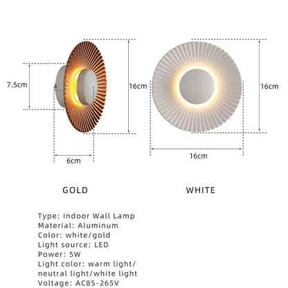 Modern ribbed circular white and gold led wall lamps with sleek aluminum design and warm to white illumination for bedroom lighting