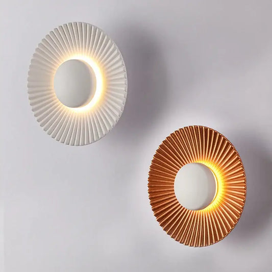 Modern ribbed circular white and gold led wall lamps with fan-like ribbed design for bedroom lighting