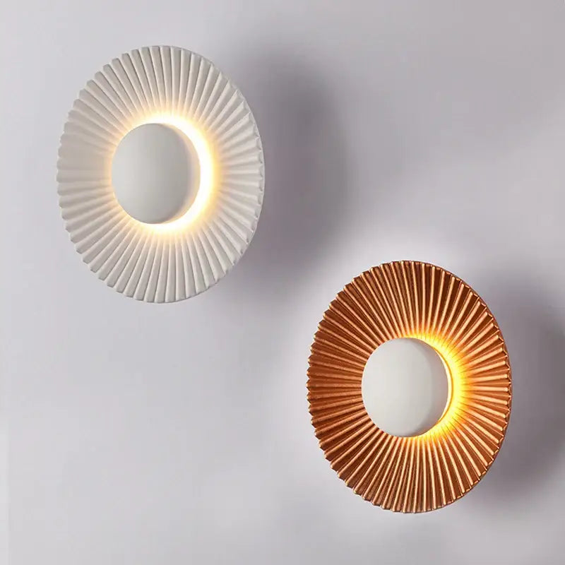 Modern ribbed circular white and gold led wall lamps with fan-like ribbed design for bedroom lighting