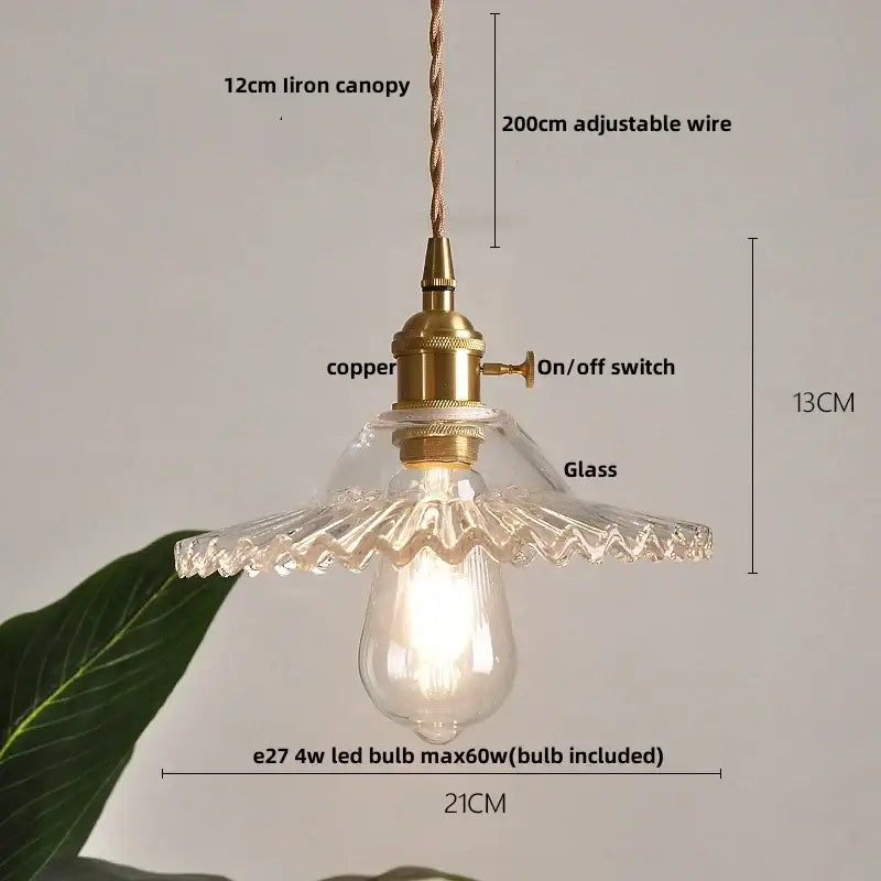 Modern ribbed clear glass led pendant light with brass iron canopy copper switch and scalloped clear glass shade decorbites clear glass