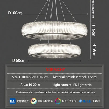 Modern ribbed crystal led ceiling pendant with stainless steel double rings and bright led light strips for living room decorbites crystal led