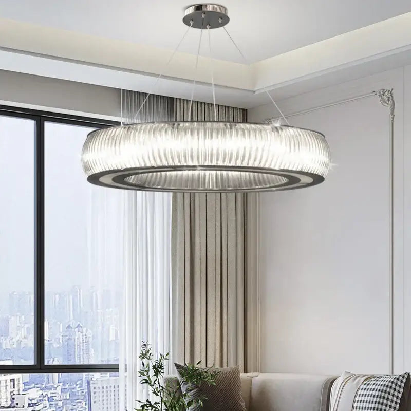 Modern ribbed crystal led ceiling pendant with sleek ribbed glass and polished chrome accents for living room decorbites crystal led