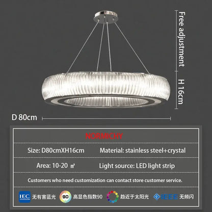 A modern ribbed crystal led ceiling pendant with stainless steel frame and bright led strip for living room decorbites crystal led