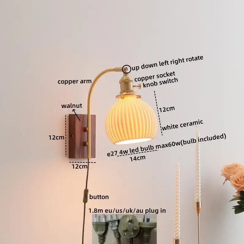 Modern wall lights featuring a copper-arm sconce with a ribbed white ceramic walnut led lampshade and walnut mounting plate