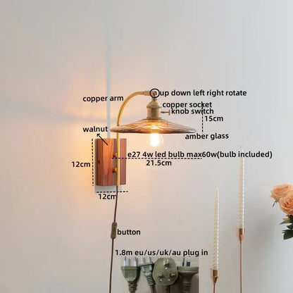 Modern ribbed glass wall lights with copper amber glass shade and ceramic walnut led backplate for bedroom decorbites