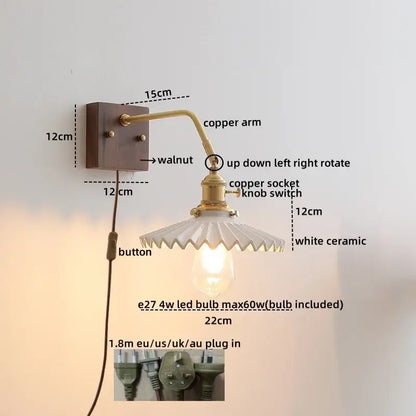 Vintage-style wall lights with brass copper arm, walnut mounting plate, and white ceramic shade for elegant decorbites ceramic walnut lighting
