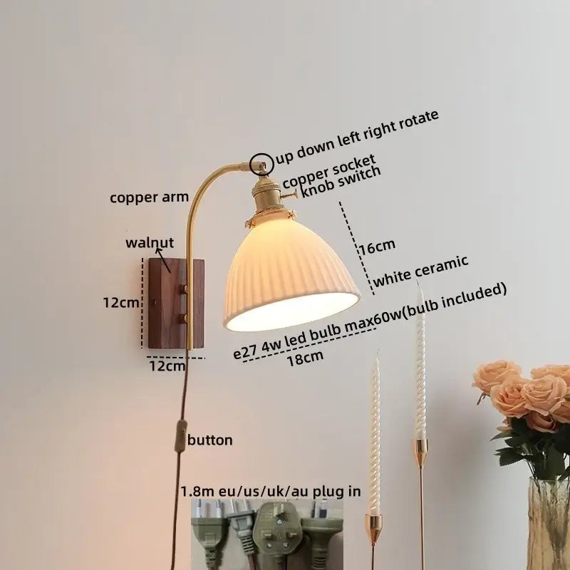 Modern ribbed glass and walnut wall lights featuring a vintage ceramic walnut led lamp with copper arm for decorbites