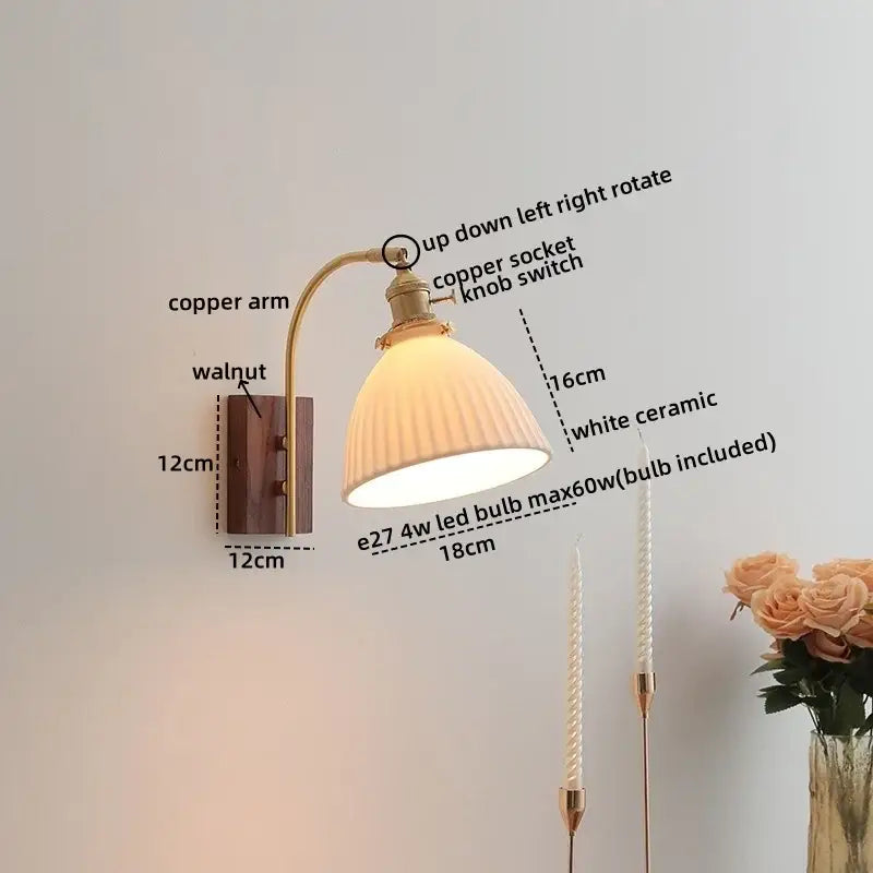 Modern ribbed glass and walnut wall lights featuring a vintage-style ceramic walnut led sconce with copper arm and white shade