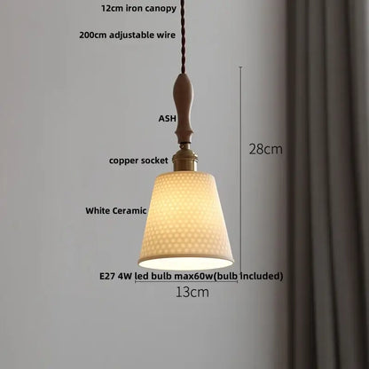 Modern ribbed decorbites ceramic led pendant lamp in white with textured surface and ash wood iron canopy for dining room decor
