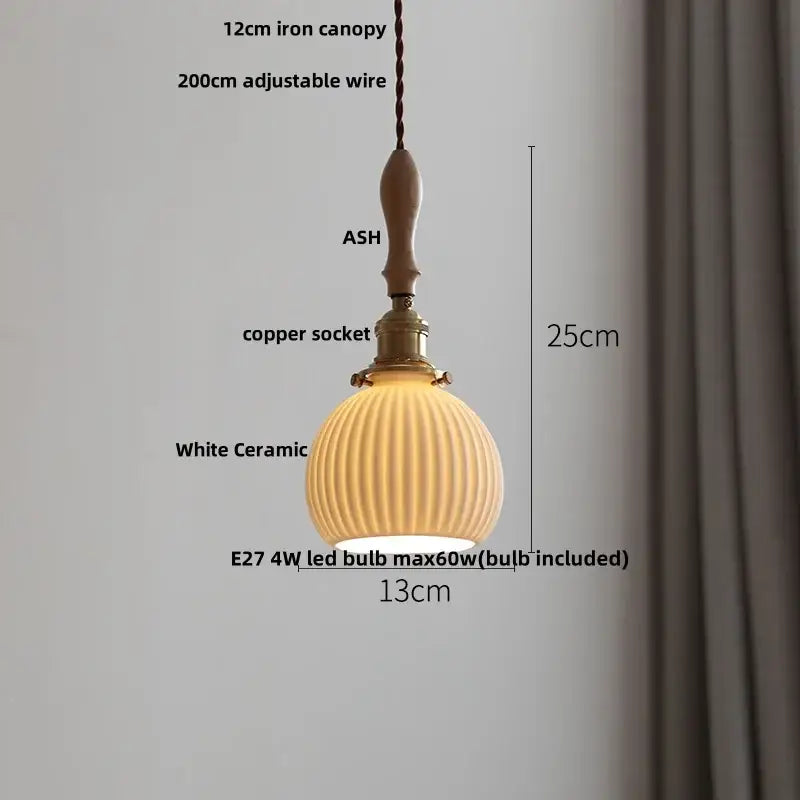 Modern ribbed white ceramic led pendant lamp with brass copper socket and wooden handle for dining room decorbites ceramic led