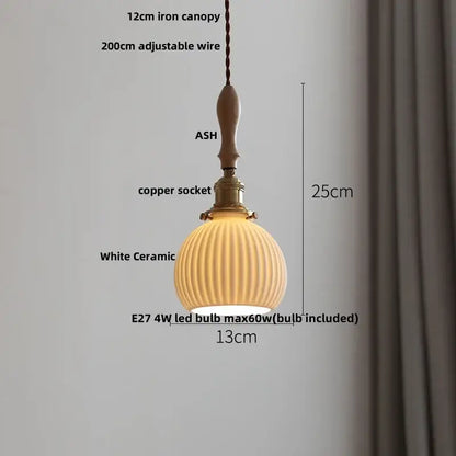 Modern ribbed white ceramic led pendant lamp with brass copper socket and wooden handle for dining room decorbites ceramic led
