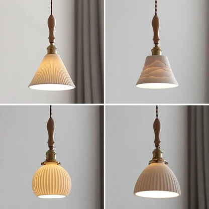 Four vintage-style ceramic led pendant lamps with wooden handles brass finish and off-white ribbed shades for dining room decorbites ceramic led