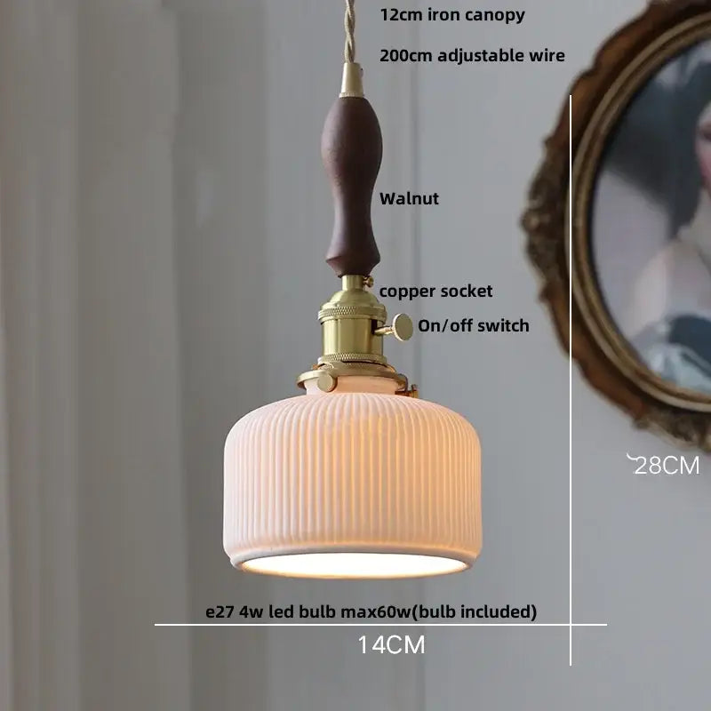 Warm-toned modern ribbed ceramic led pendant lamp with walnut wooden handle and brass finish for dining room decorbites ceramic led
