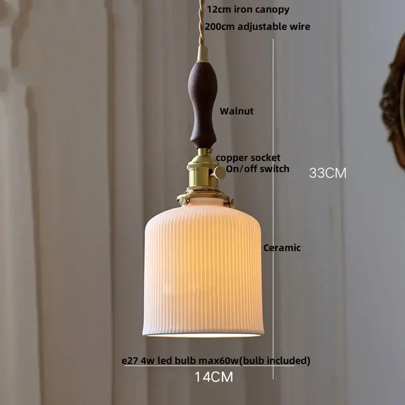 Modern ribbed glass ceramic led pendant lamp with off-white shade and walnut iron canopy for dining room decorbites ceramic led