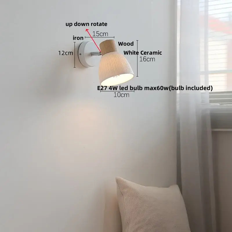 Modern ribbed glass ceramic led wall lights with white ceramic shade wood base and iron mount for bedroom decorbites ceramic led