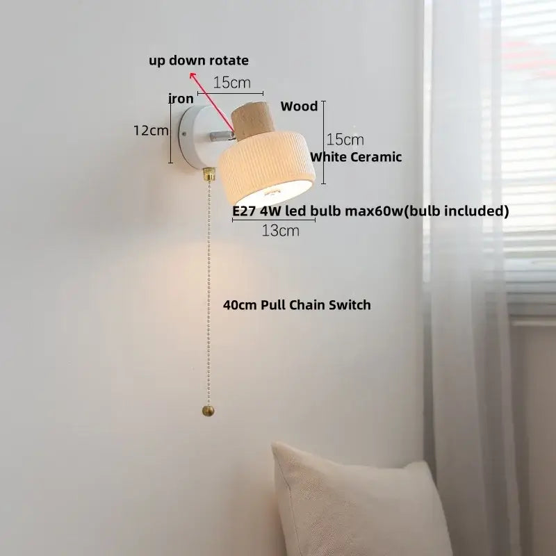 Minimalist ceramic led wall lamp with white ceramic shade wooden top cap iron base for modern bedroom decorbites ceramic led