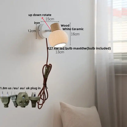 Modern ribbed ceramic led wall light with white vertical ridges, wood cap, and iron base for bedroom decorbites ceramic led