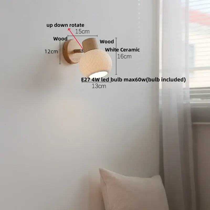 A warm-toned wooden base modern ribbed ceramic led wall light ideal for bedroom decorbites ceramic led wall use