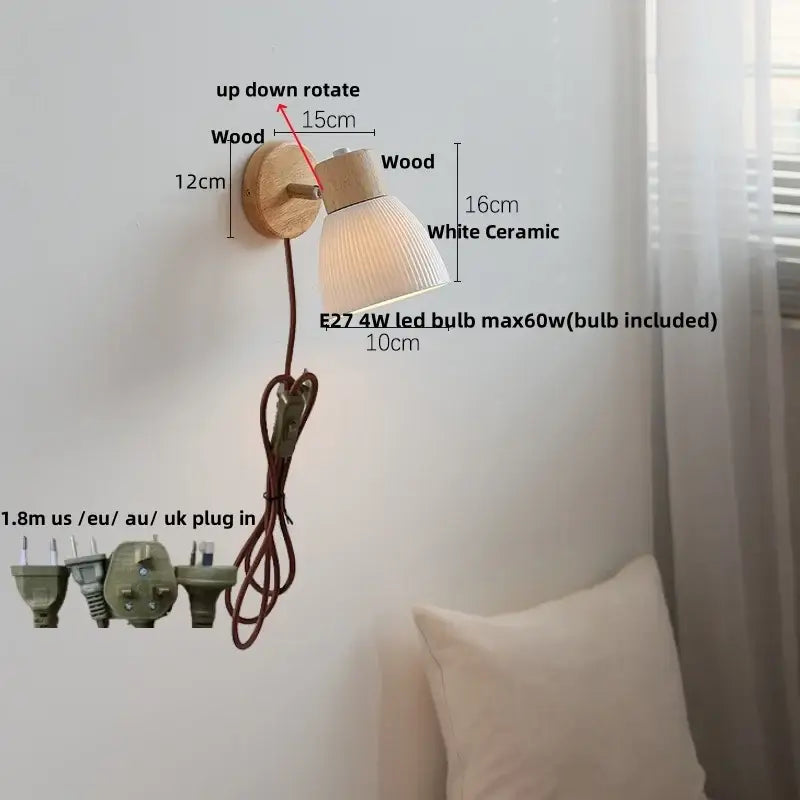 Modern ribbed glass ceramic led wall light with natural wood base and adjustable ceramic led wall rotation for bedroom decorbites ceramic led