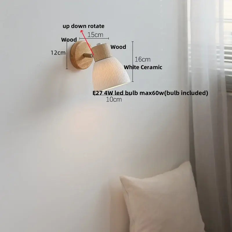 Minimalist ceramic led wall lamp with white ribbed shade and natural wood base for modern bedroom decorbites ceramic led lighting