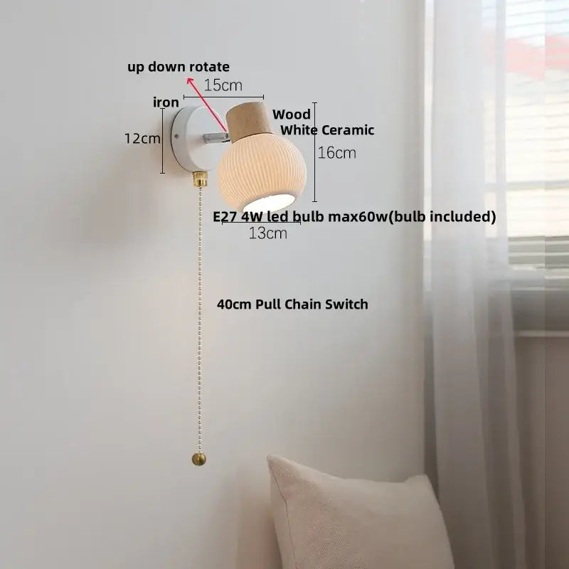 A modern ceramic led wall lamp with white ribbed glass shade, wooden top, and iron base for bedroom decorbites ceramic led