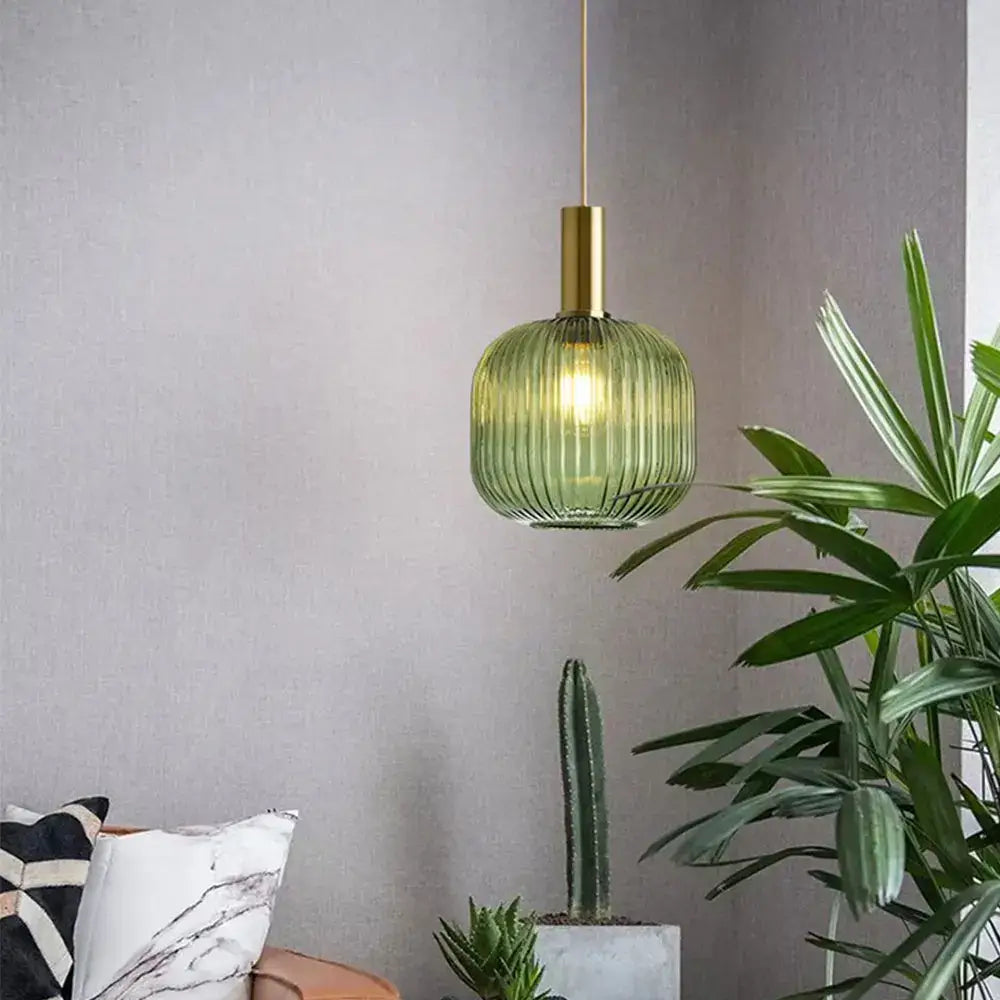 Green ribbed glass colorful led pendants with brass finish modern light chandeliers for dining room lighting