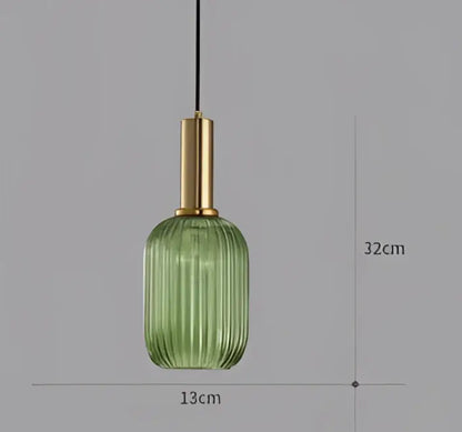 Modern green ribbed glass colorful led pendant light chandeliers with brass-colored metal fixture for dining room use